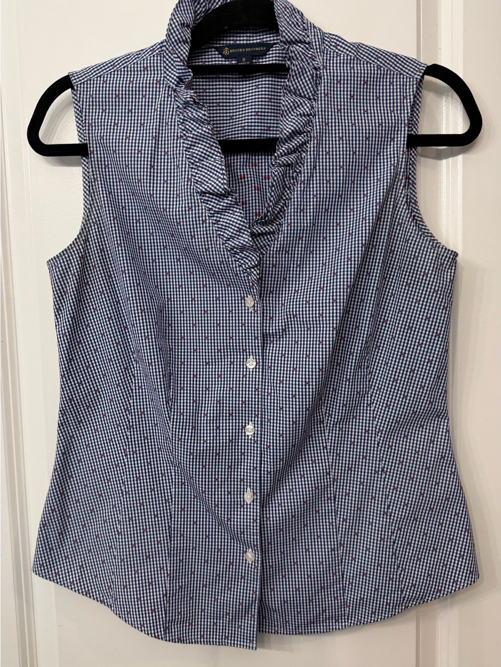 Brooks Brothers Blue Gingham with Red Sleeveless Ruffle-Collar Button Front Top